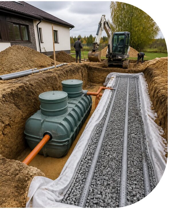 Монтаж септика с дренажным полем под ключ для дома в Раменском
